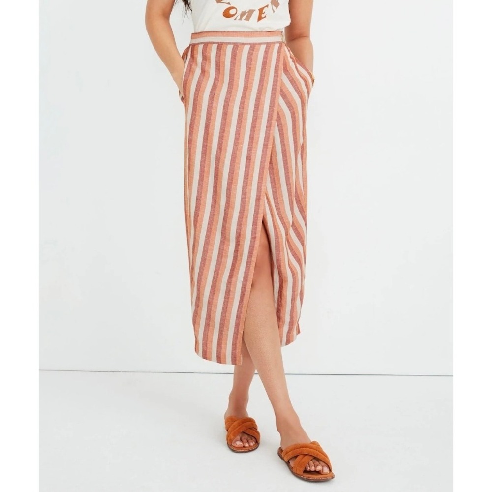 Madewell Women Pull On Wrap Midi Skirt Stripes Small Trip Stripe Avalon Pink